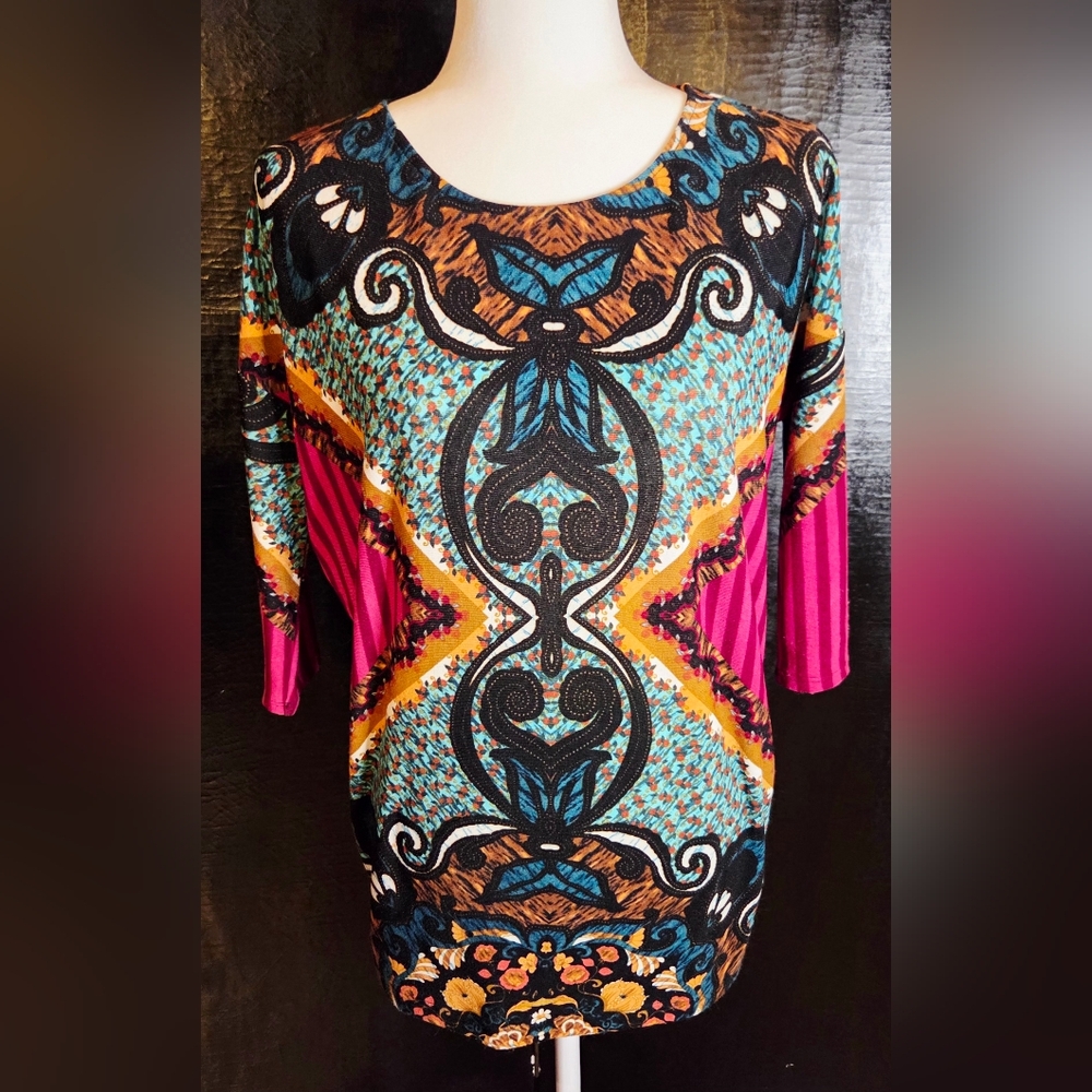✨️UPDATED✨️VTG Moa Moa Abstract Bohemian Tunic Top 3/4 Sleeve Small MINT